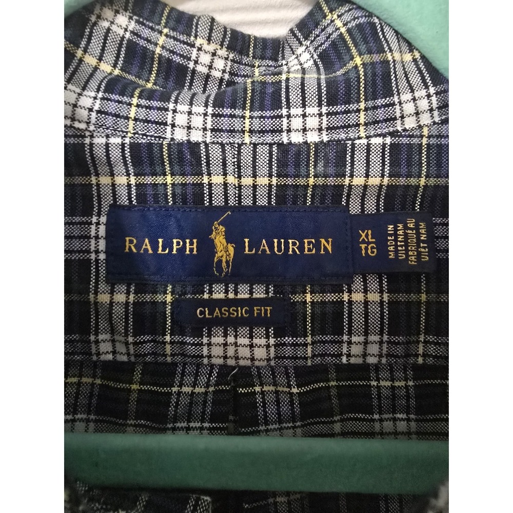 Ralph Lauren Mens XL Classic Fit Plaid Button Down Shirt Navy Blue Yellow White - Picture 4 of 6